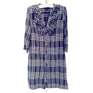 Banana Republic V-neck Button Front Dress Black Gray Plaid Ruffle Front Cotton